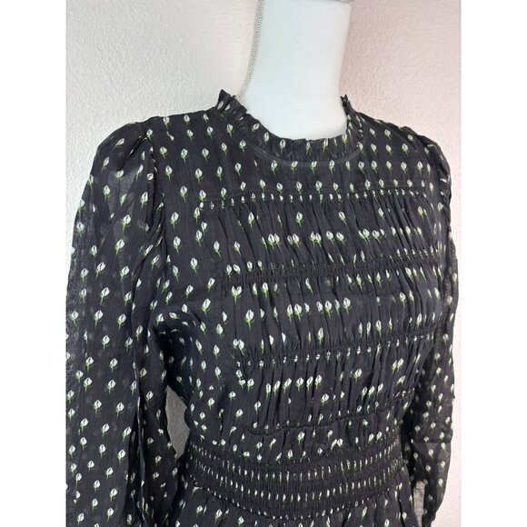 Melissa Nepton women's small black floral Robe Mona peasant smocked mini dress‎ - Picture 4 of 10